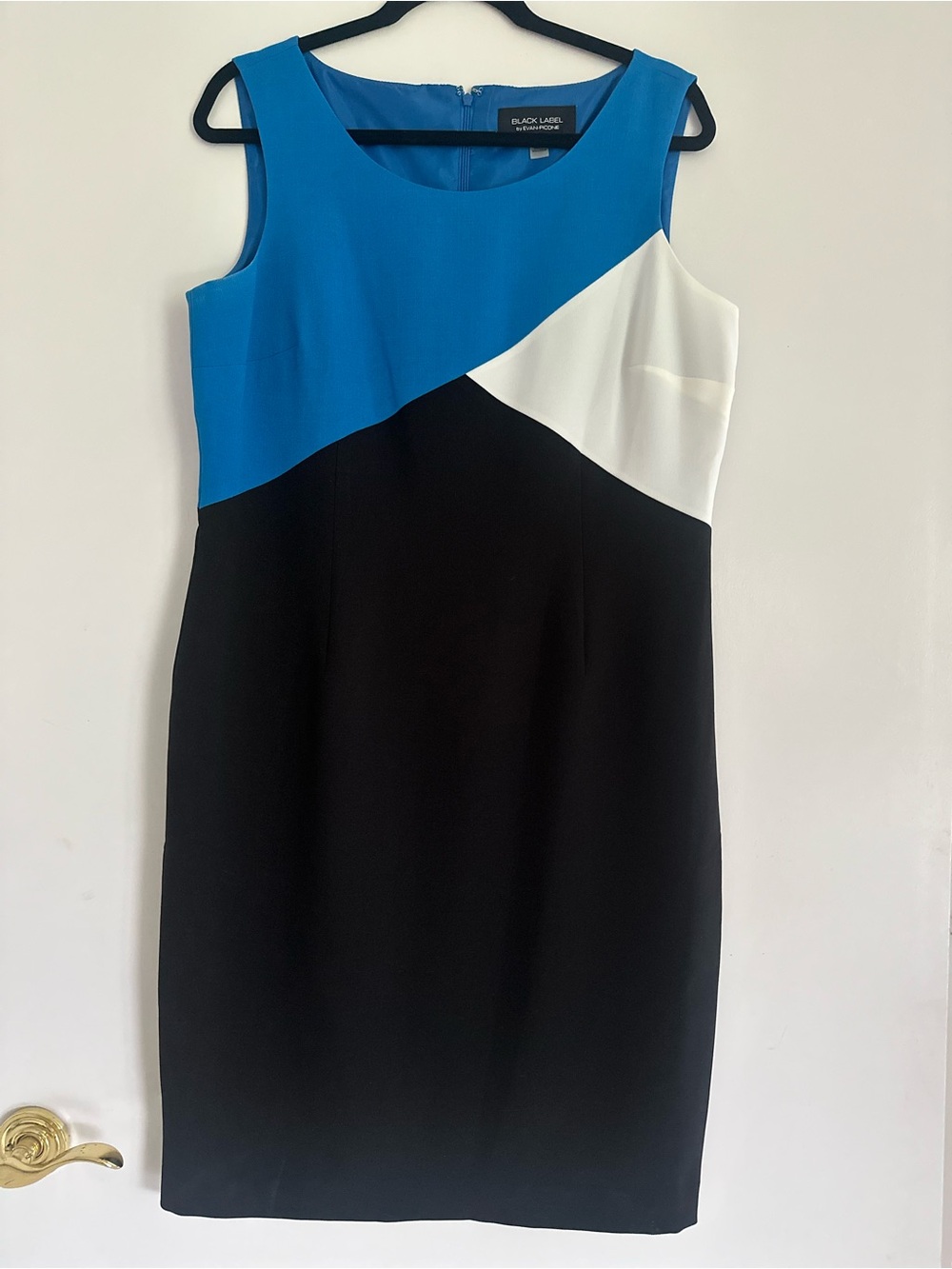 Black Label Colorblock Midi Sheath Dress in Blue, Black & White